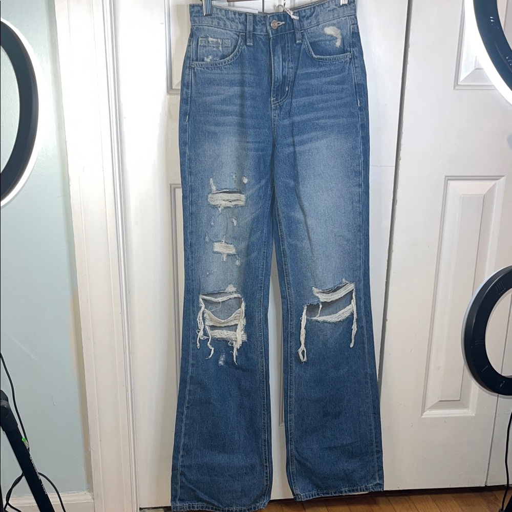 Distressed Wide-Leg Women's Jeans - Blue